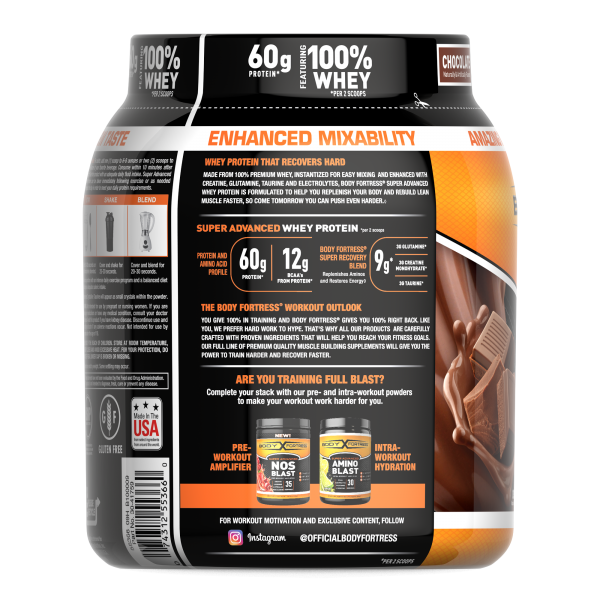 Body Fortress Super Advanced Whey Protein Powder, Chocolate, 60g Protein, 2lb, 32oz