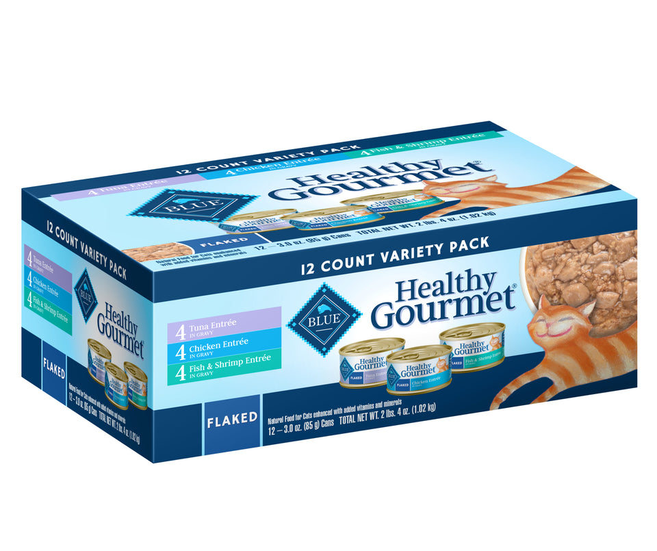 (12 Pack) Blue Buffalo Healthy Gourmet Variety Pack Wet Cat Food, Flaked Tuna, Fish & Shrimp & Chicken, 3 oz. Cans